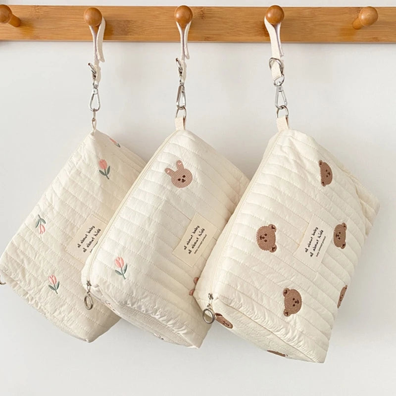Organisateur de Sac à Langer pour Poussette – Motif Ours Brodé – Léger et Multifonction en Coton
