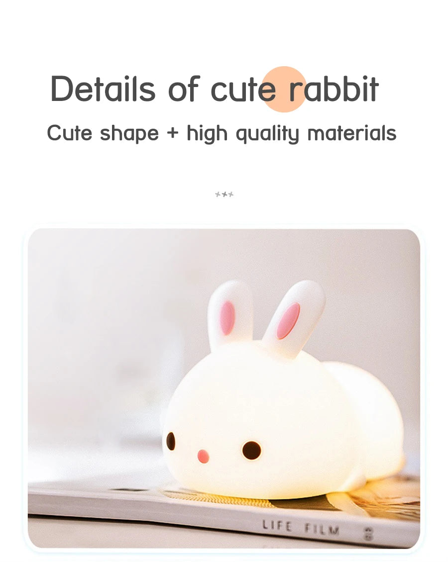 Veilleuse lapin bébé RGB — Silicone Tactile 16 Couleurs Rechargeable USB | Chambre Bébé & Enfant