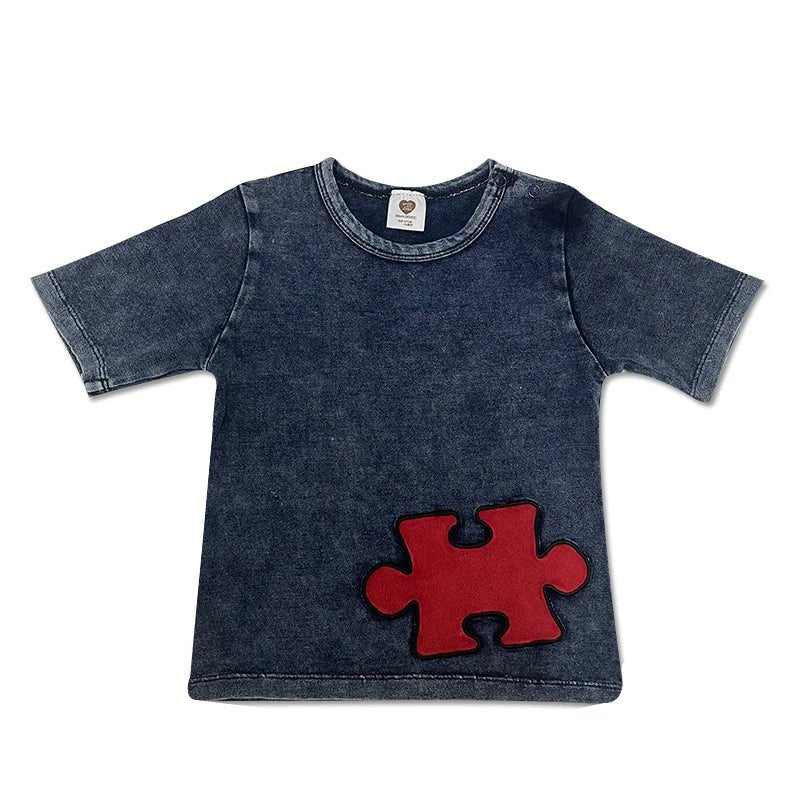 Ensemble Été Bébé Unisexe – Haut et Short en Denim Tricoté avec Patch Rouge | 2 à 6 Ans