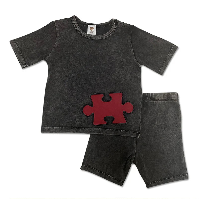 Ensemble jean bébé — Top & Pantalon Denim Tricoté Été | Fille & Garçon | Patches Rouges