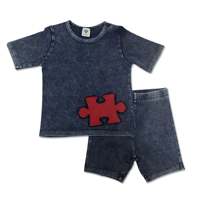 Ensemble jean bébé — Top & Pantalon Denim Tricoté Été | Fille & Garçon | Patches Rouges