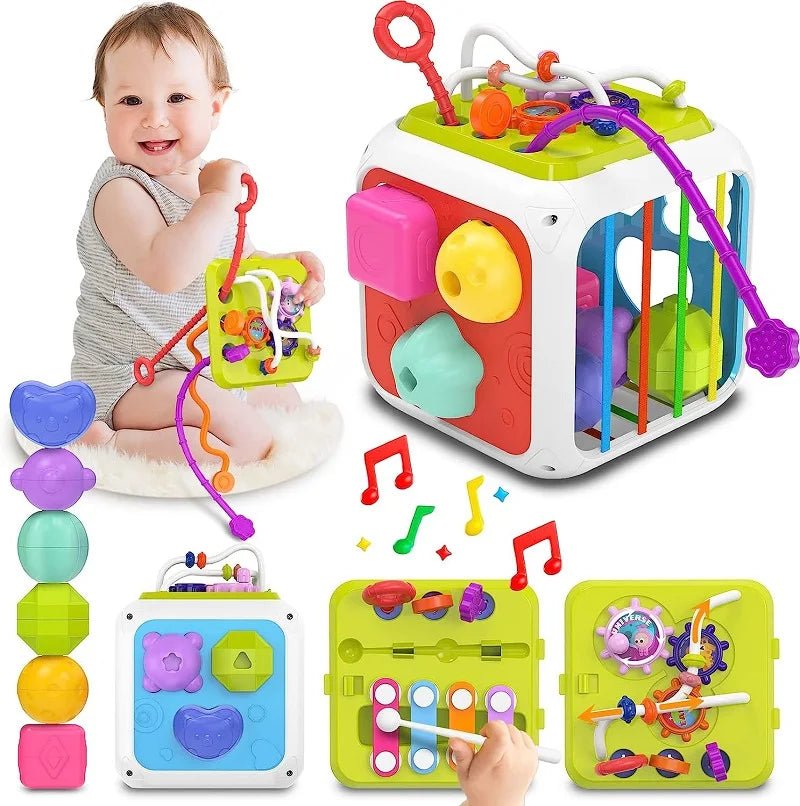Jouet Montessori bébé 7-en-1 – Boîte sensorielle à formes avec cordes élastiques