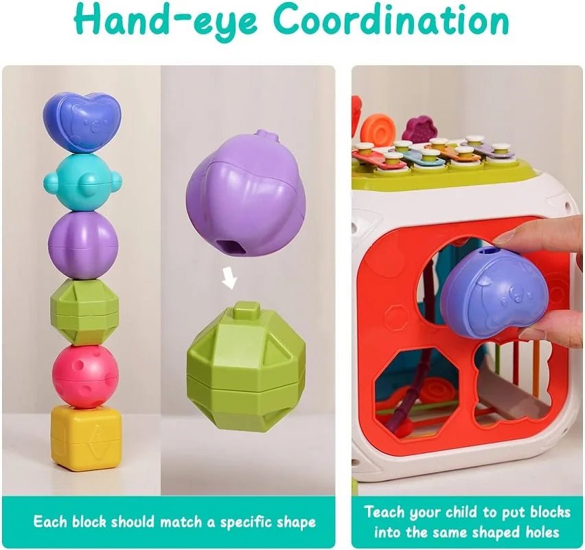 Jouet Montessori bébé 7-en-1 – Boîte sensorielle à formes avec cordes élastiques