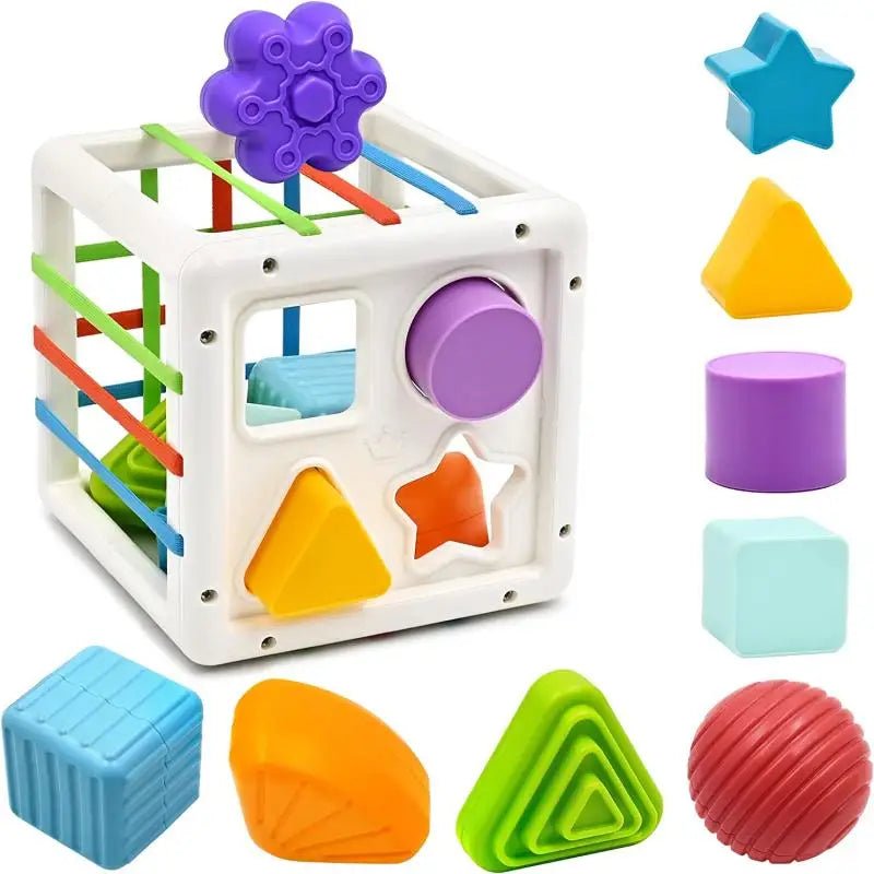 Jouet Montessori bébé 7-en-1 – Boîte sensorielle à formes avec cordes élastiques