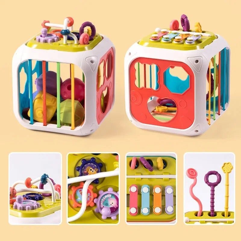 Jouet Montessori bébé 7-en-1 – Boîte sensorielle à formes avec cordes élastiques