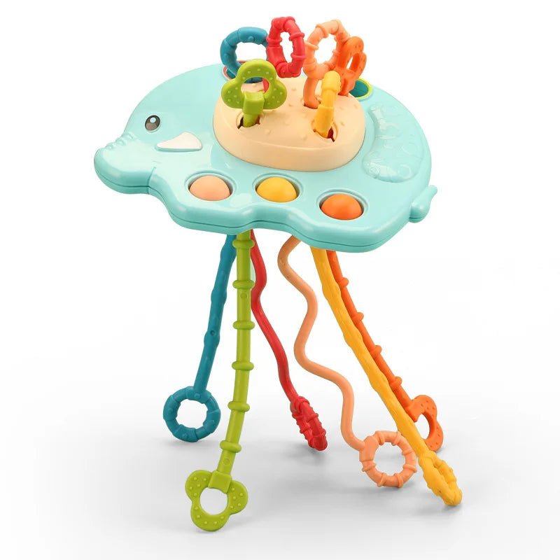 Jouet Montessori bébé 7-en-1 – Boîte sensorielle à formes avec cordes élastiques
