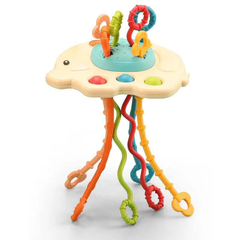 Jouet Montessori bébé 7-en-1 – Boîte sensorielle à formes avec cordes élastiques