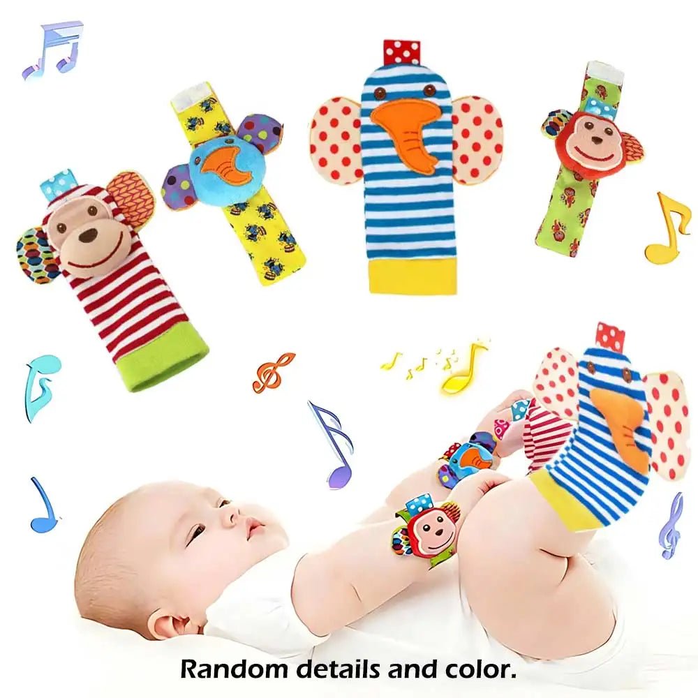 Lot 4 Hochets Poignet & Chaussettes Bébé Animaux – Jouet Éveil Sensoriel Naissance 0-24 Mois Garçon Fille