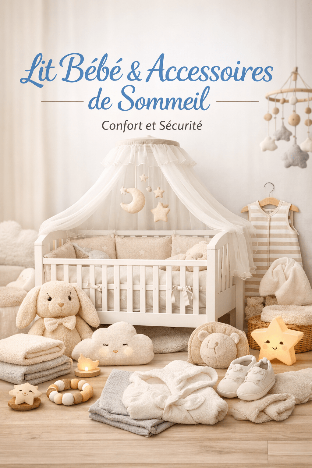 Lit bébé avec ciel de lit, tour de lit tressé et accessoires de sommeil pour bébé dans une chambre douce et sécurisée.