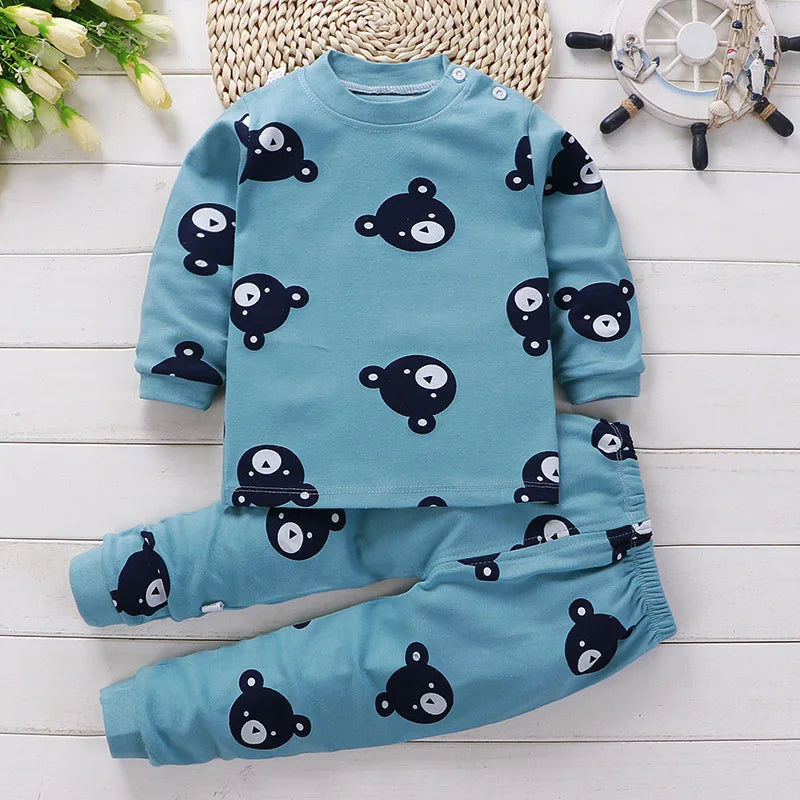 Kids 2-Piece Cotton Pajamas — Cartoon Top & Pants, Unisex Fall Winter 9M-7 Years