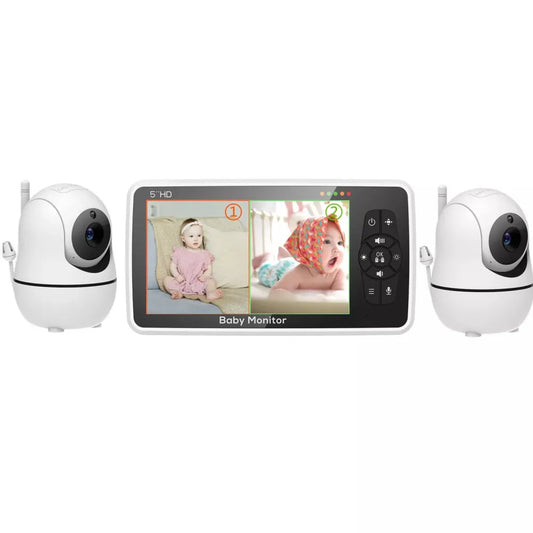 Babyphone Vidéo 5 Pouces 2 Caméras – Zoom 4x, Portée 300m, Capteur Température & Berceuses | EU/UK/US/AU