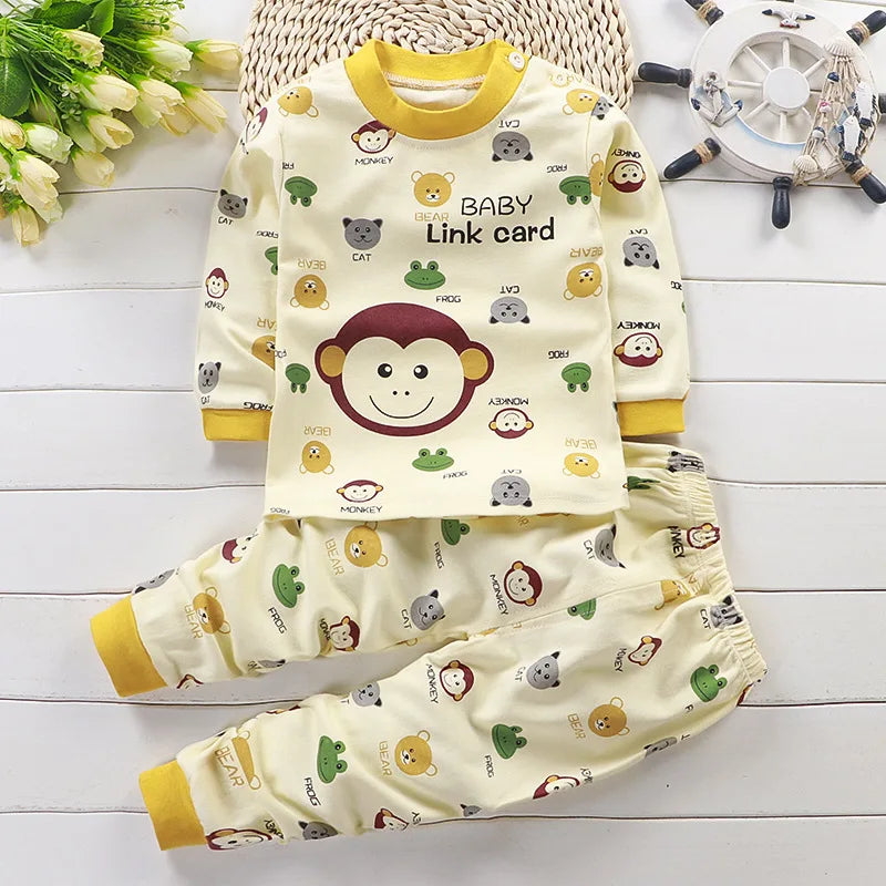 Kids 2-Piece Cotton Pajamas — Cartoon Top & Pants, Unisex Fall Winter 9M-7 Years