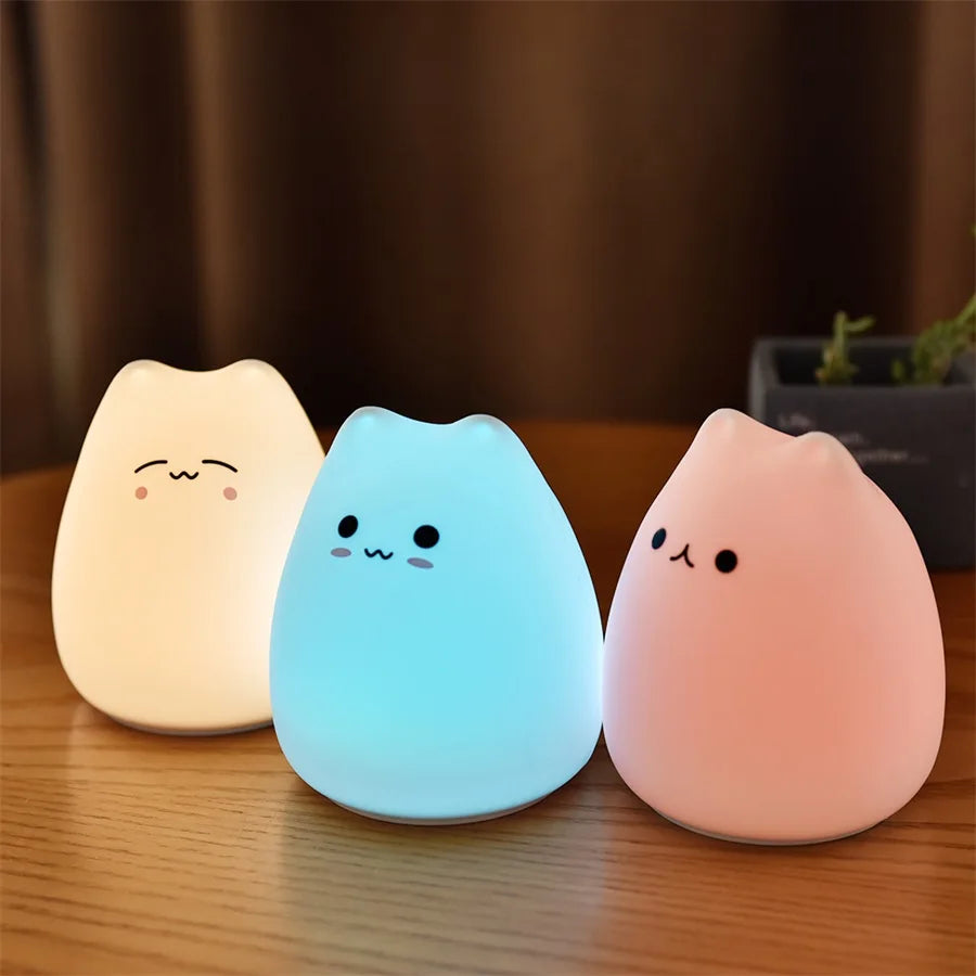Veilleuse chat silicone kawaii — LED Tactile 7 Couleurs Rechargeable | Lampe Nuit Chambre Bébé Enfant