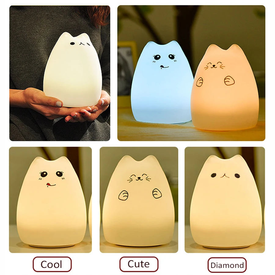 Veilleuse chat silicone kawaii — LED Tactile 7 Couleurs Rechargeable | Lampe Nuit Chambre Bébé Enfant