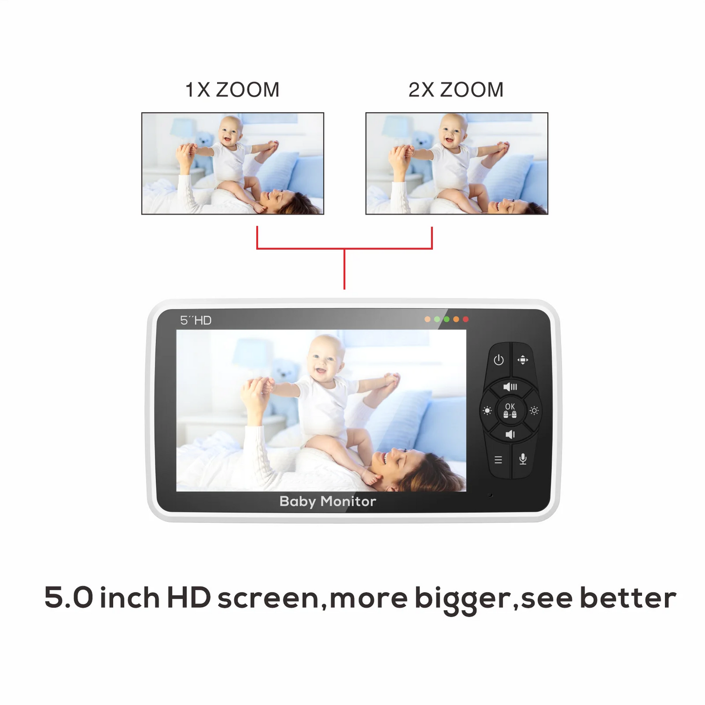 Babyphone Vidéo 5 Pouces 2 Caméras – Zoom 4x, Portée 300m, Capteur Température & Berceuses | EU/UK/US/AU