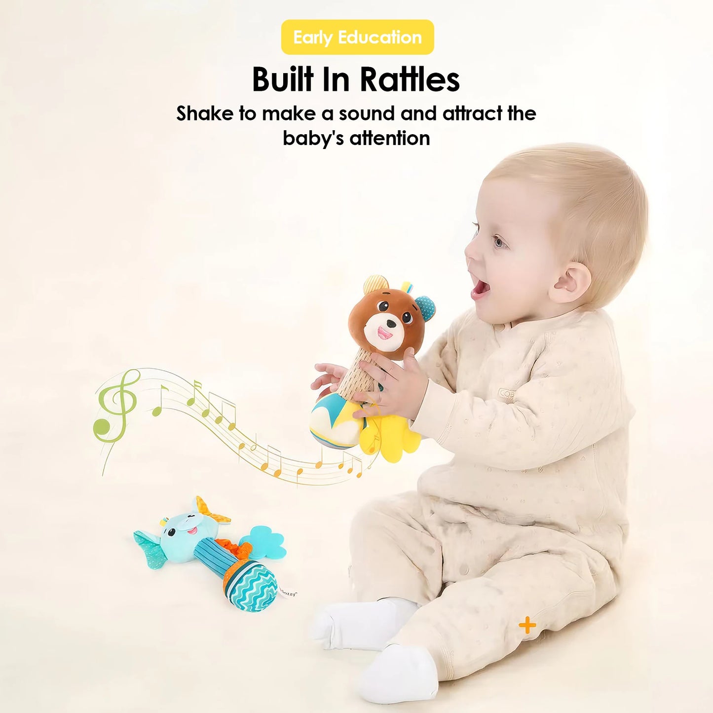 Hochet Bébé Peluche Animal Doux – Doudou Sensoriel Froissé Grinçant Naissance 0-12 Mois