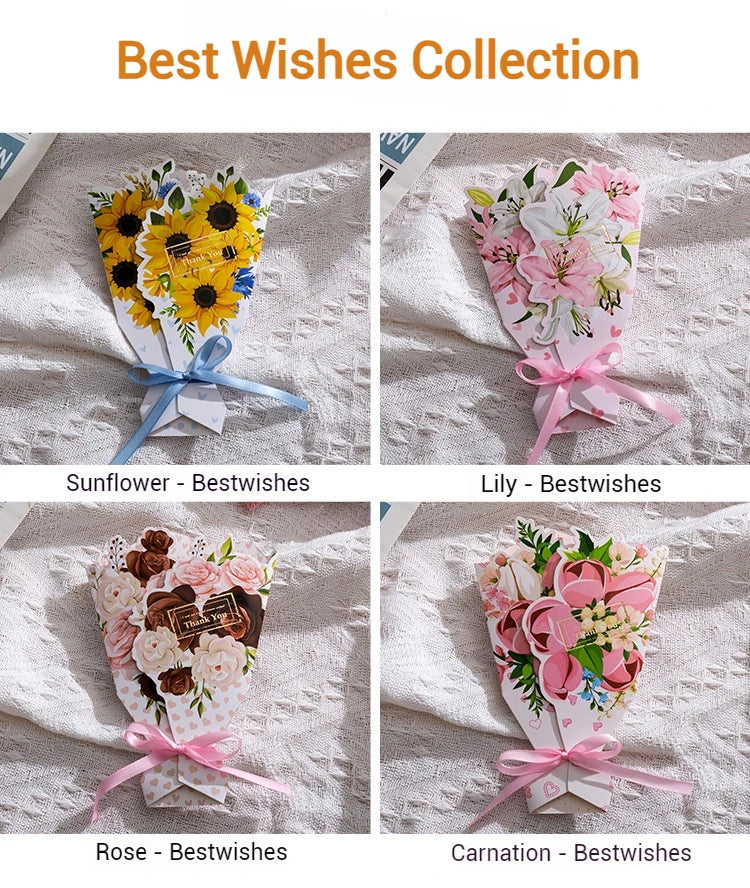 Carte de Vœux Fleurs 3D Bouquet Pliable – Anniversaire, Merci, Fête Maîtresse & Toutes Occasions