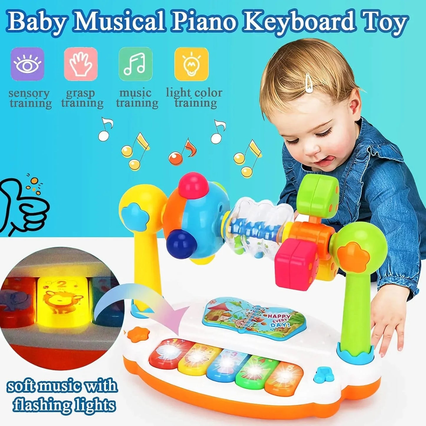 Piano Bébé Musical Rotatif Lumineux – Clavier Éveil Son & Lumière Tout-Petit 1 2 Ans