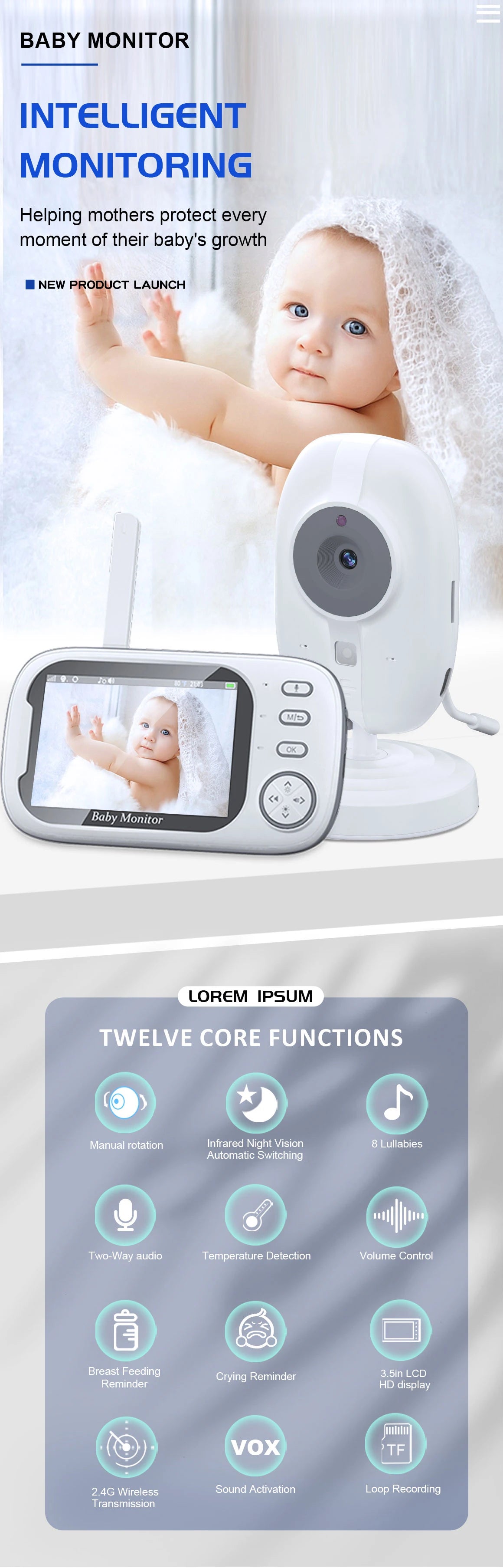 Babyphone Vidéo 3,5 Pouces – Vision Nocturne, Capteur Température, Audio Bidirectionnel 2,4G | Compact & Essentiel