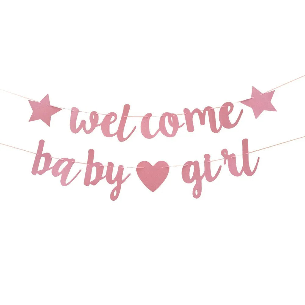 1 Set of Welcome Baby Boy One-year-old Glitter Letter Conjoined Flag Baby Gender Reveal Party Decoration Gift
