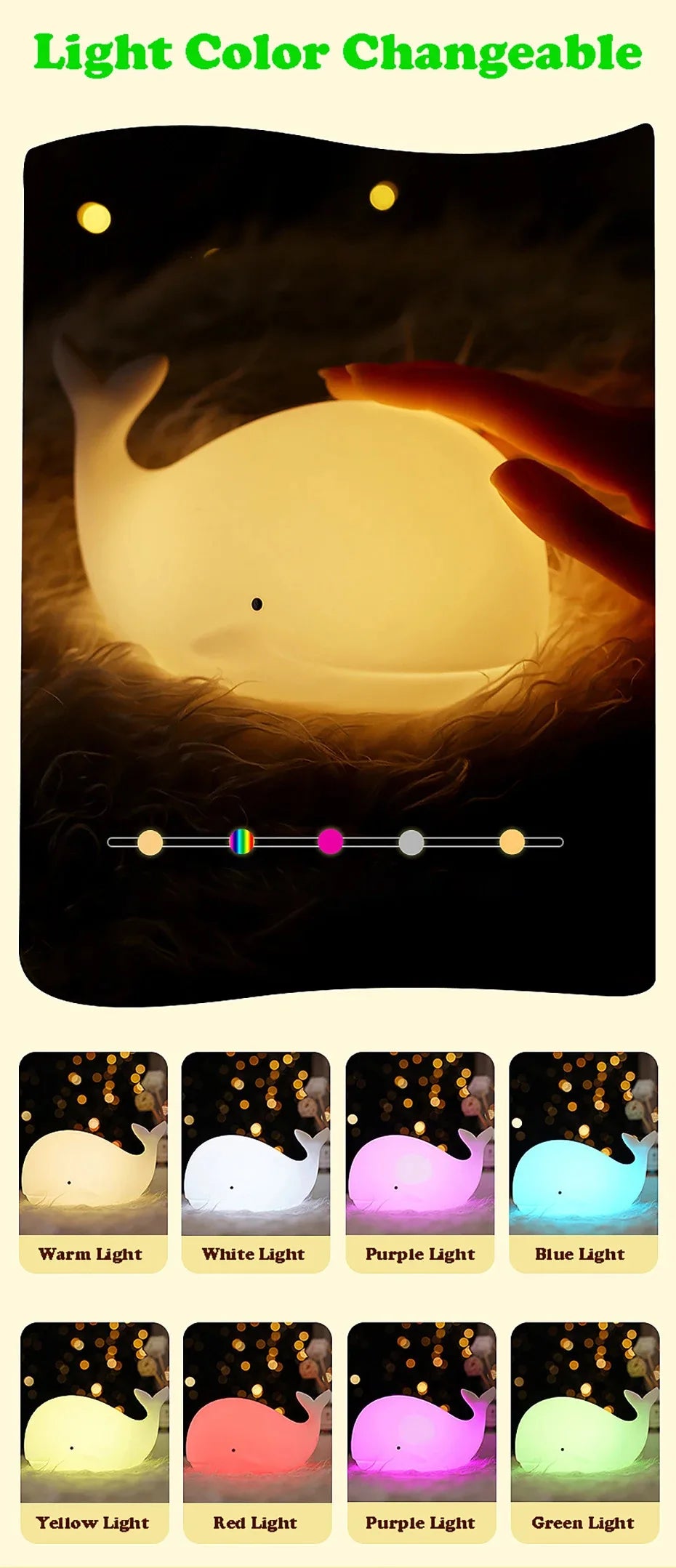 Veilleuse baleine bébé silicone — LED 7 Couleurs Tactile Rechargeable USB Minuterie 3h | Chambre Bébé & Enfant