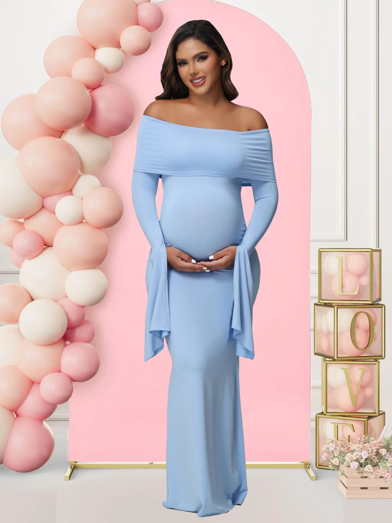 Robe Maternité Séance Photo — Épaules Dénudées, Manches Longues, Bodycon Grossesse