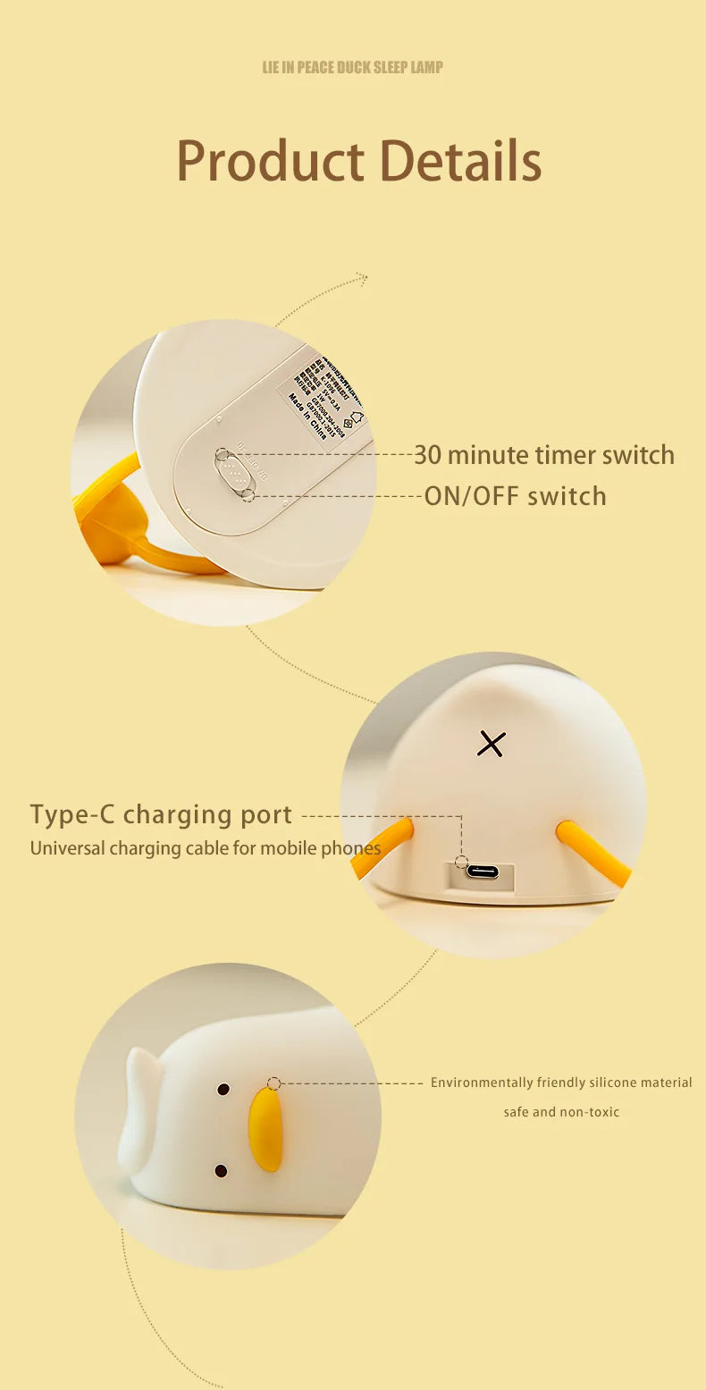 Veilleuse canard bébé silicone — LED Tactile Rechargeable Lumière Douce | Déco Chambre Bébé & Enfant