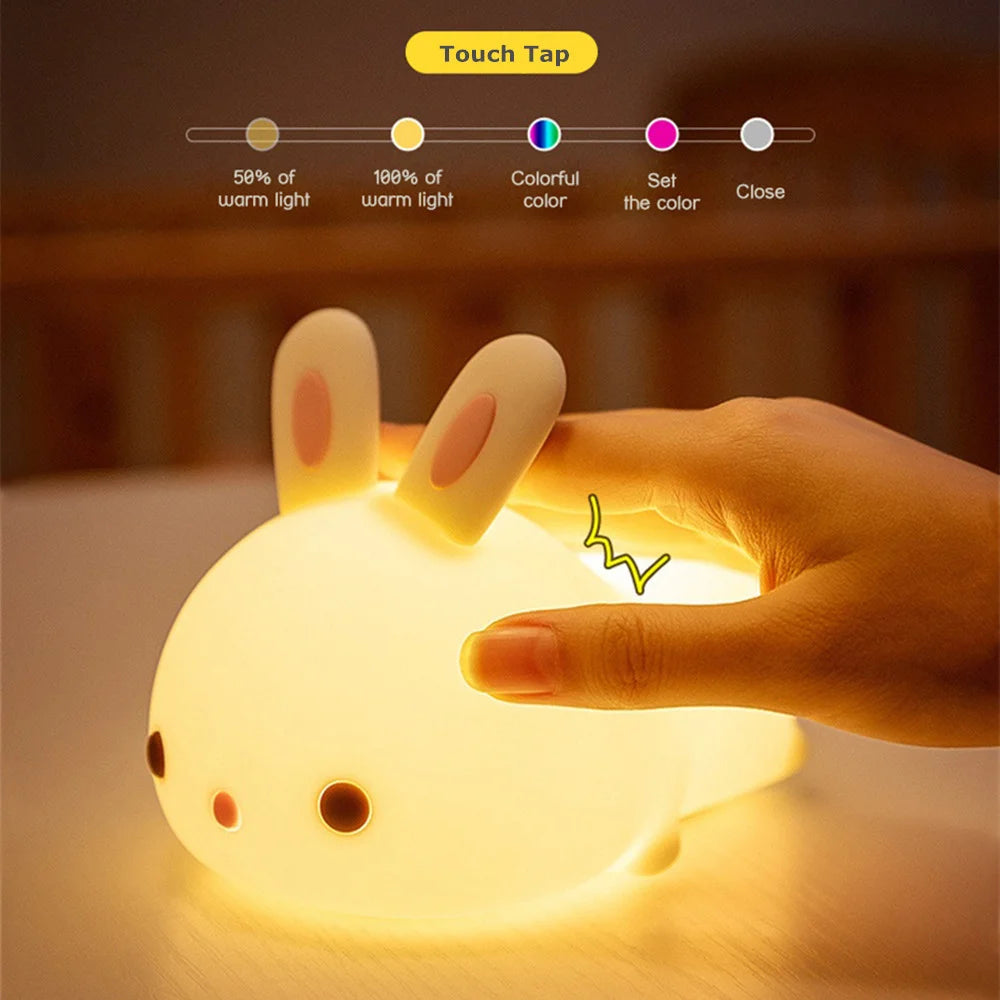 Veilleuse lapin bébé RGB — Silicone Tactile 16 Couleurs Rechargeable USB | Chambre Bébé & Enfant