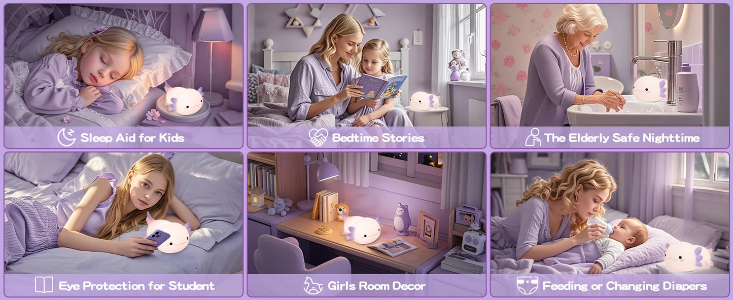 Veilleuse axolotl silicone — Lampe de Nuit LED Kawaii Rechargeable | Chambre Enfant & Bébé