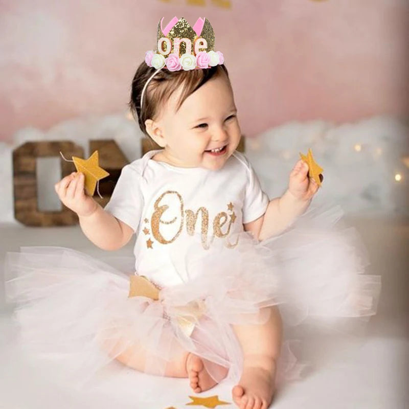 Couronne Anniversaire Bébé Fille 1 2 3 Ans – Chapeau Fleurs Rose Blanc Sequins Accessoire Photo