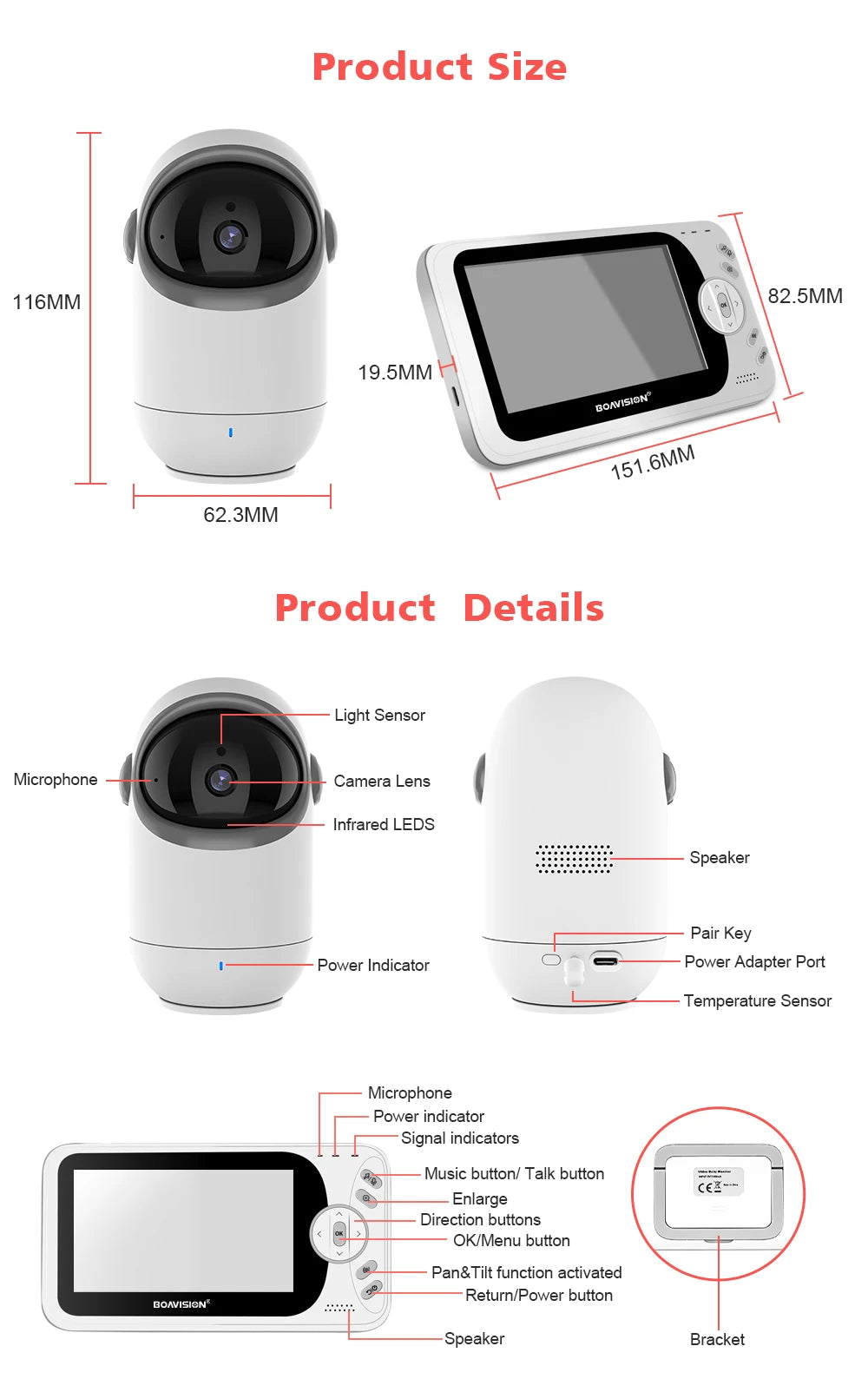 Babyphone Vidéo 4,3 Pouces Pan Tilt – Vision Nocturne, Audio Bidirectionnel 2,4G Sans Fil | VB801