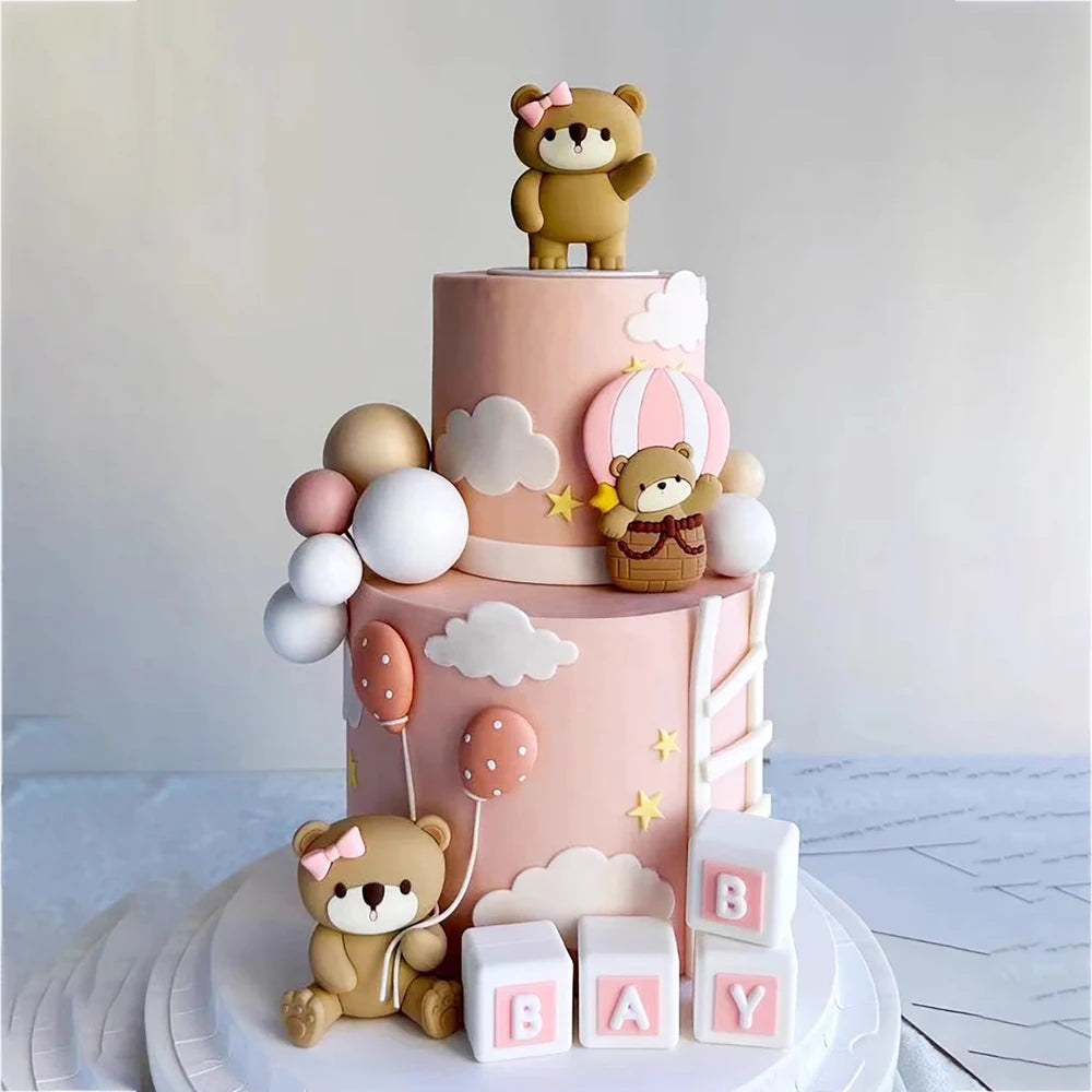 New 3D Bear Cake Topper Baby Shower Bear Decoration Boy Girl Happy 1st Birthday Party Cake Decor Gender Reveals Party Supplies