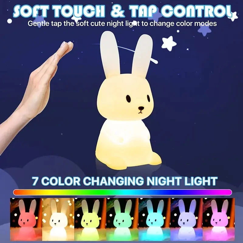 Veilleuse lapin silicone 7 couleurs — LED Rechargeable USB-C Minuterie 3h | Cadeau Naissance Chambre Fille