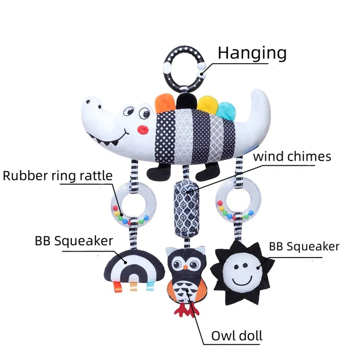 Hochet Suspendu Bébé Peluche Animal Noir & Blanc – Poussette Siège Auto Lit Éveil Nouveau-Né 0-36 Mois