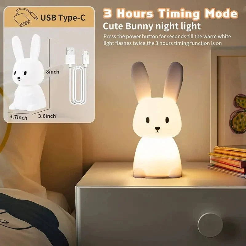 Veilleuse lapin silicone 7 couleurs — LED Rechargeable USB-C Minuterie 3h | Cadeau Naissance Chambre Fille
