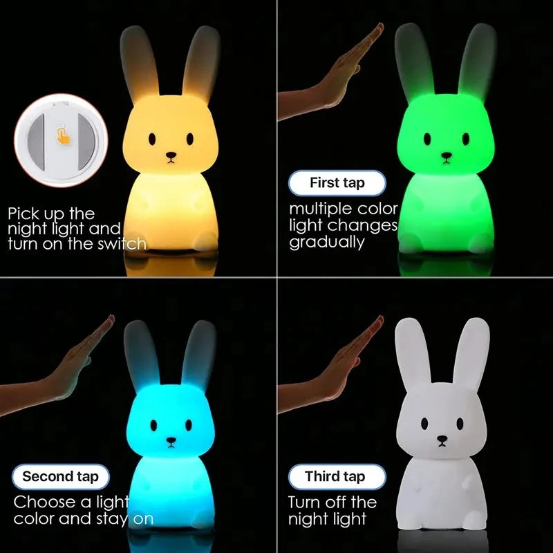 Veilleuse lapin silicone 7 couleurs — LED Rechargeable USB-C Minuterie 3h | Cadeau Naissance Chambre Fille