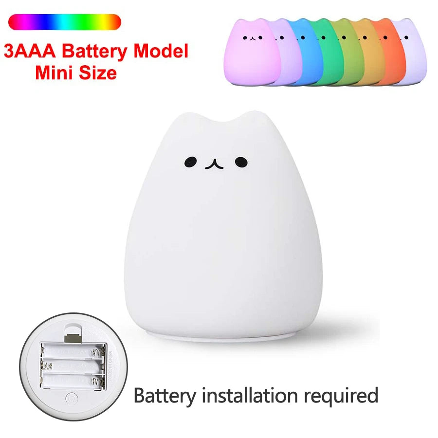 Veilleuse chat silicone kawaii — LED Tactile 7 Couleurs Rechargeable | Lampe Nuit Chambre Bébé Enfant