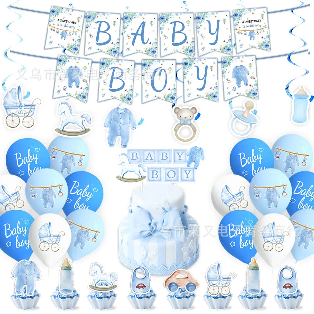 Kit Décoration Baby Shower Garçon Bleu – Bannière, Ballons, Guirlande & Cake Topper