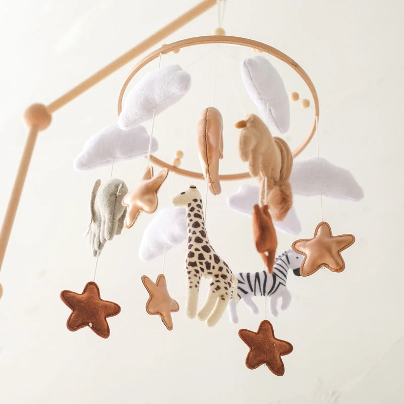 Mobile Musical Bébé Bois & Feutre — Cloche Lit Animaux Cartoon | Boîte à Musique & Support | 36 Modèles