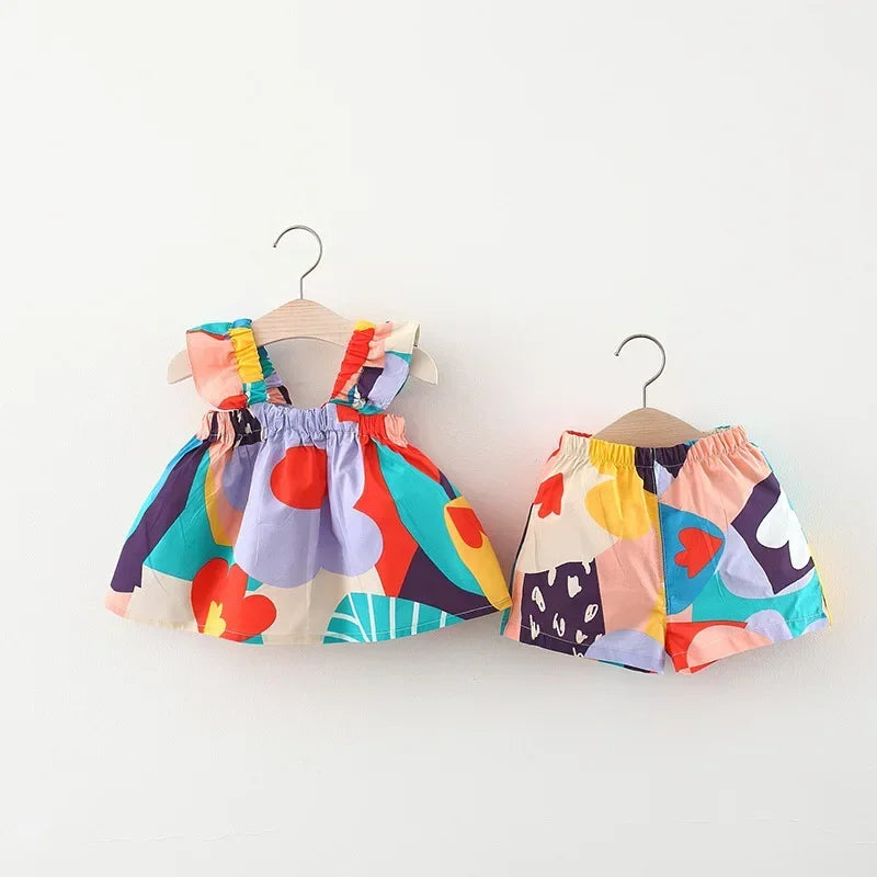 Ensemble Été Fille Bébé 2 Pièces — Top Bretelles Fleurs & Pantalon Casual, 9M-6 Ans