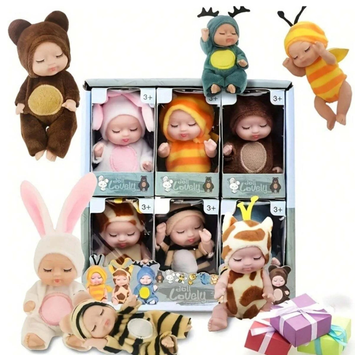 1/6 Pcs 4 Inch Mini Reborn Baby Dolls Toy Set Realistic Baby Doll with Cute Animal Clothes Gifts for Birthday Christmas Exquisit