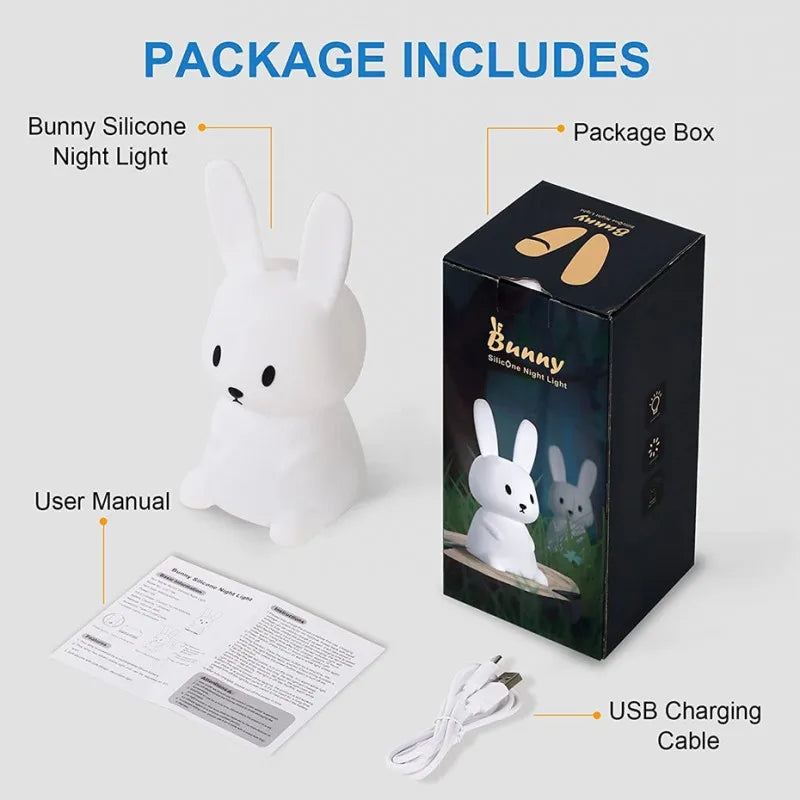 Veilleuse lapin silicone 7 couleurs — LED Rechargeable USB-C Minuterie 3h | Cadeau Naissance Chambre Fille