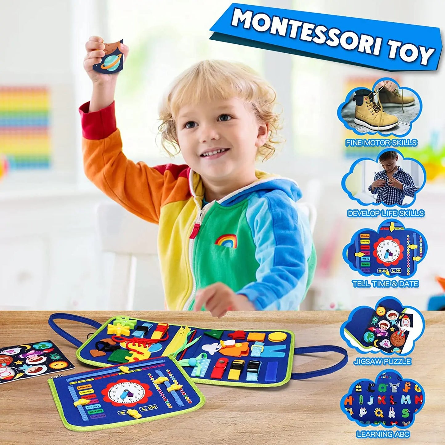 Busy Board Montessori Compétences de Vie – Jouet Sensoriel Éducatif Motricité Fine | 6 Modèles | Autisme & Éveil