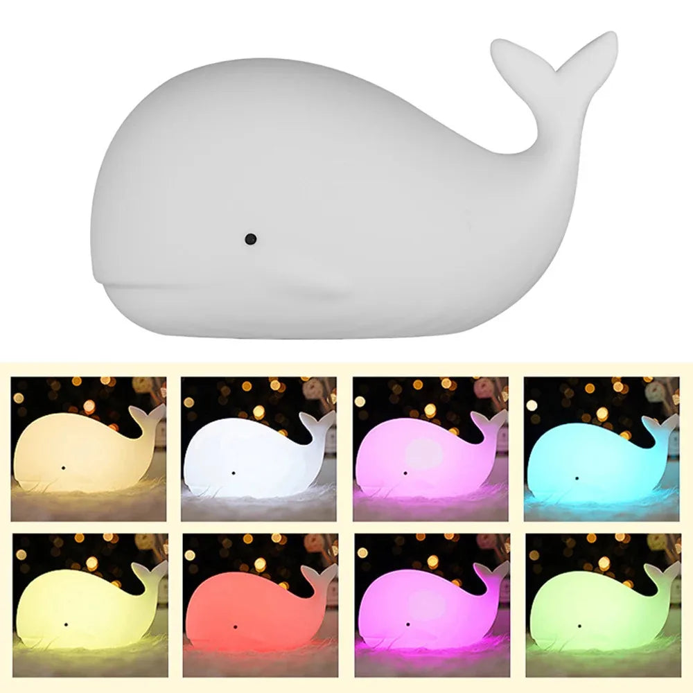 Veilleuse baleine bébé silicone — LED 7 Couleurs Tactile Rechargeable USB Minuterie 3h | Chambre Bébé & Enfant