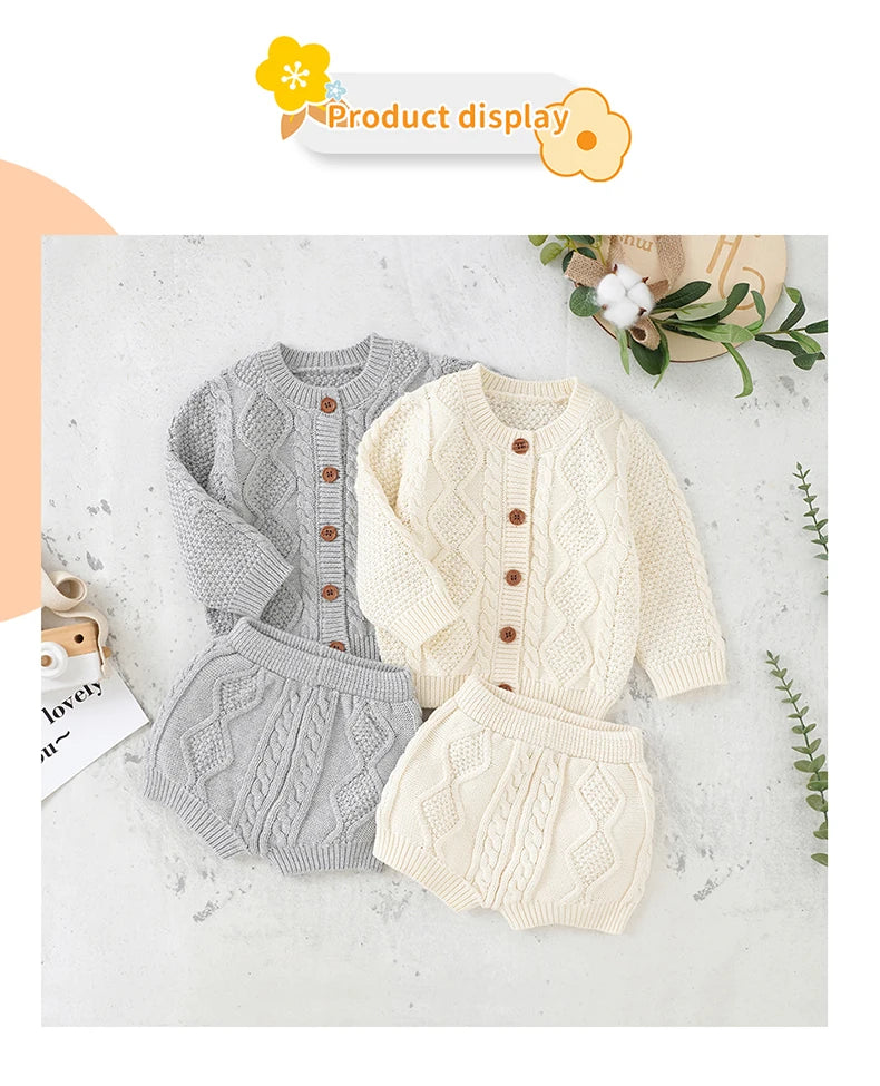 Ensemble Tricot Bébé 2 Pièces — Cardigan Coton Manches Longues & Pantalon, Unisexe 0-18 Mois