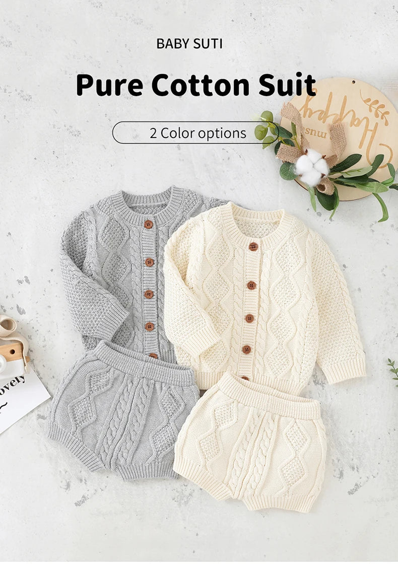 Ensemble Tricot Bébé 2 Pièces — Cardigan Coton Manches Longues & Pantalon, Unisexe 0-18 Mois