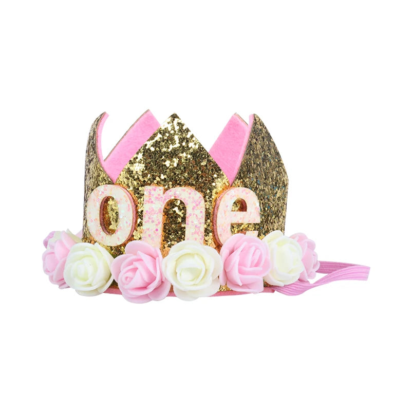 Couronne Anniversaire Bébé Fille 1 2 3 Ans – Chapeau Fleurs Rose Blanc Sequins Accessoire Photo