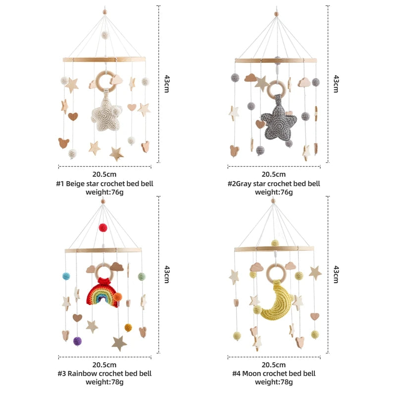 Mobile Hochet Bois & Crochet Bébé – Cloche Lit Étoiles & Pendentifs | Support Nuage | 27 Modèles
