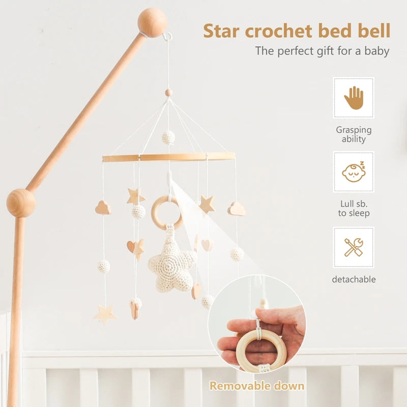 Mobile Hochet Bois & Crochet Bébé – Cloche Lit Étoiles & Pendentifs | Support Nuage | 27 Modèles