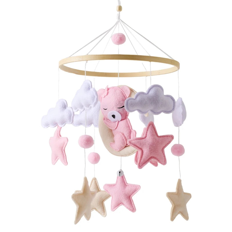 Mobile Lit Bébé Musical et Lumineux – Bois Naturel, Hochet Feutre Doux & Boîte à Musique Nouveau-Né